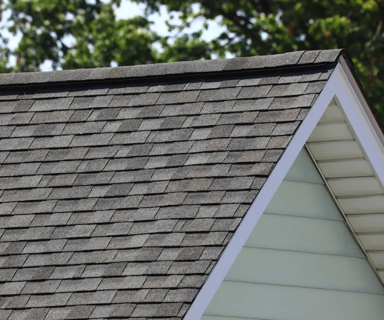 Close-up of a residential pitched roof covered in dark gray asphalt shingles under a clear, sunny sky.