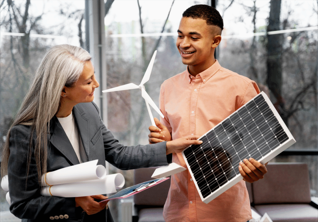Understanding Your Energy Consumption: Key to Optimal Solar Sizing in Hawaii 1 Two professionals, a woman and a man, smiling and discussing renewable energy, holding a miniature solar panel and a wind turbine model.