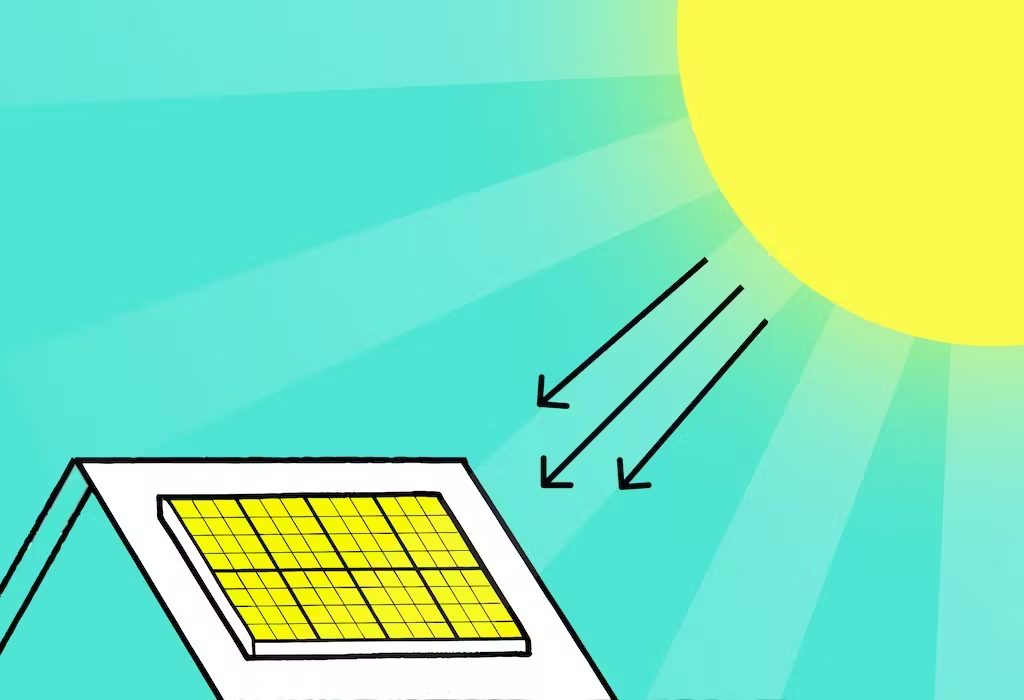 Stylized illustration showing a yellow solar panel on a roof being hit by three arrows representing sunlight energy from the sun.