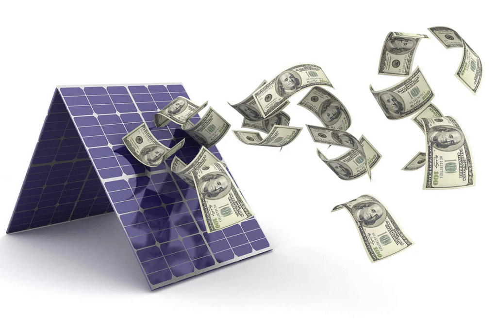 Solar Financing Options for Big Island Homeowners: Loans, Leases, and PPAs 1 A purple 3D solar panel with US hundred-dollar bills floating up and away from it, symbolizing solar financing, energy savings, and the generation of revenue.