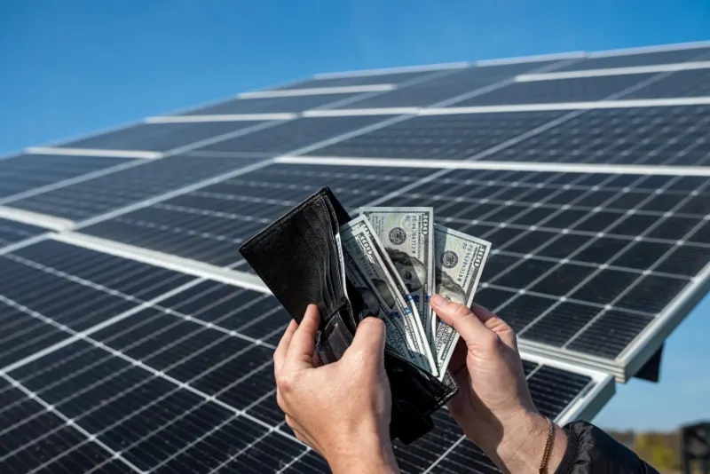 A person holding a wallet with $100 bills in front of a solar panel array to represent energy cost savings on the Big Island.