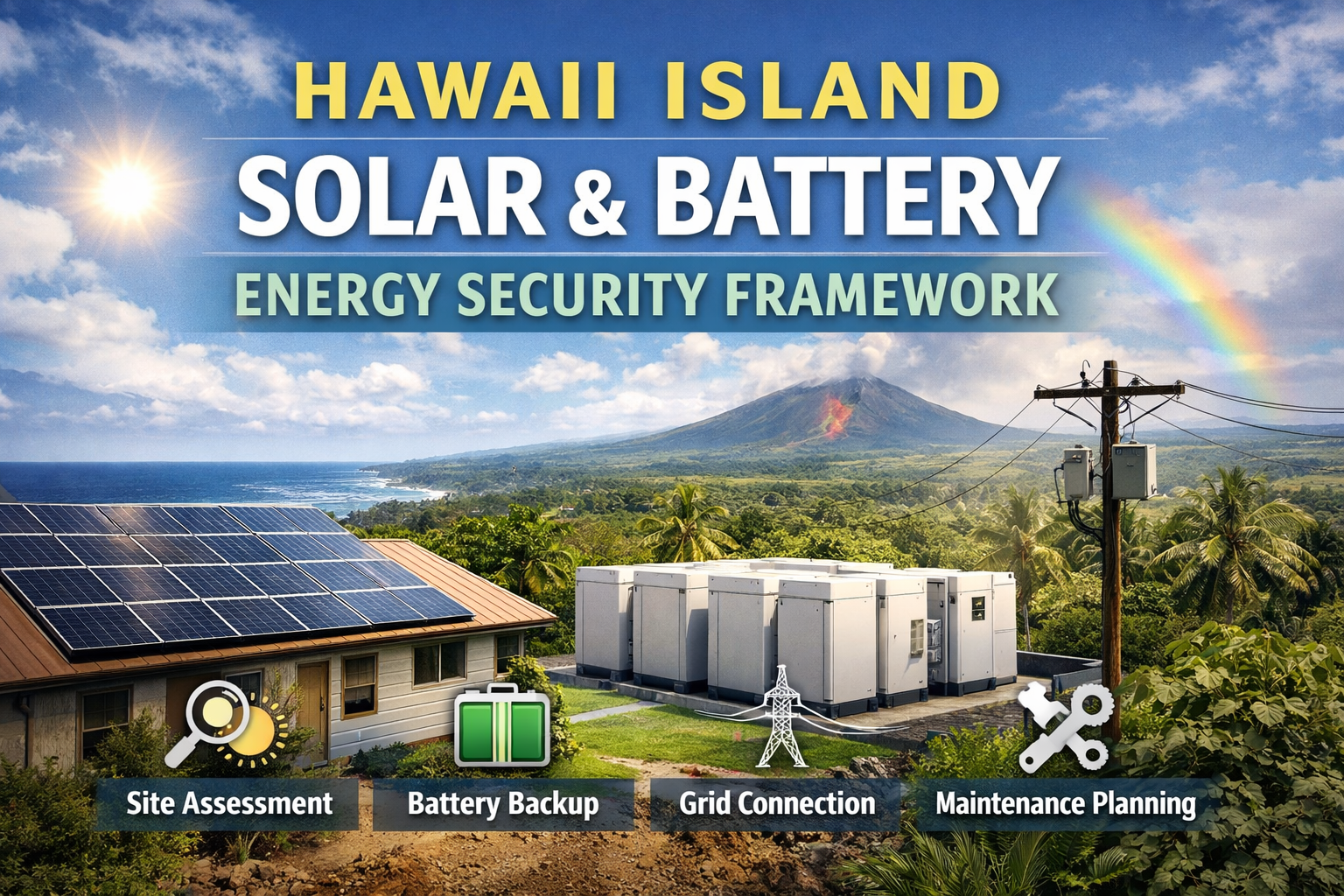 Hawaii Island solar panels and battery backup system for energy resilience.