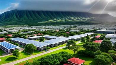 An aerial perspective of a sprawling multi-building educational campus or complex on the Big Island of Hawaii featuring standing-seam metal roofs extensively covered in rows of efficient blue solar panels under a clear sky.