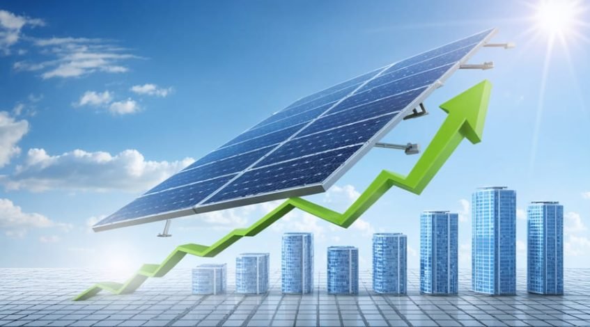 A financial growth graph featuring commercial solar buildings, over Hawaii illustrating tax credits and energy savings for 2026.