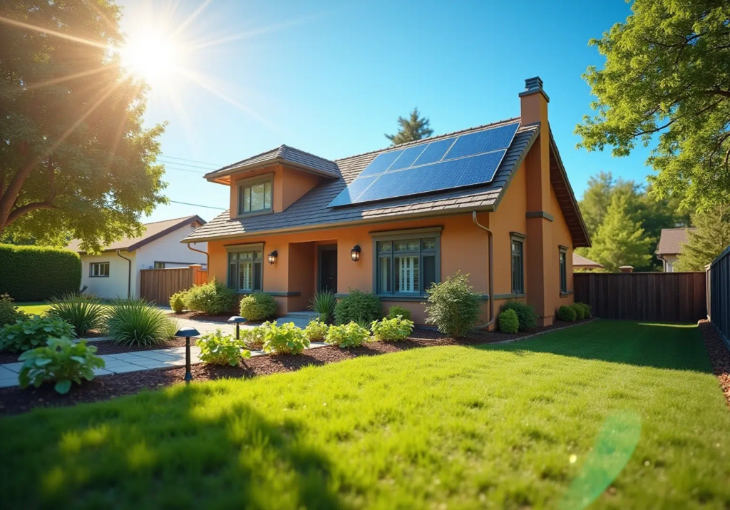 A beautiful modern home on the Big Island featuring a roof-mounted solar array under a bright sun, showcasing how a dedicated battery ensures energy independence for residential properties