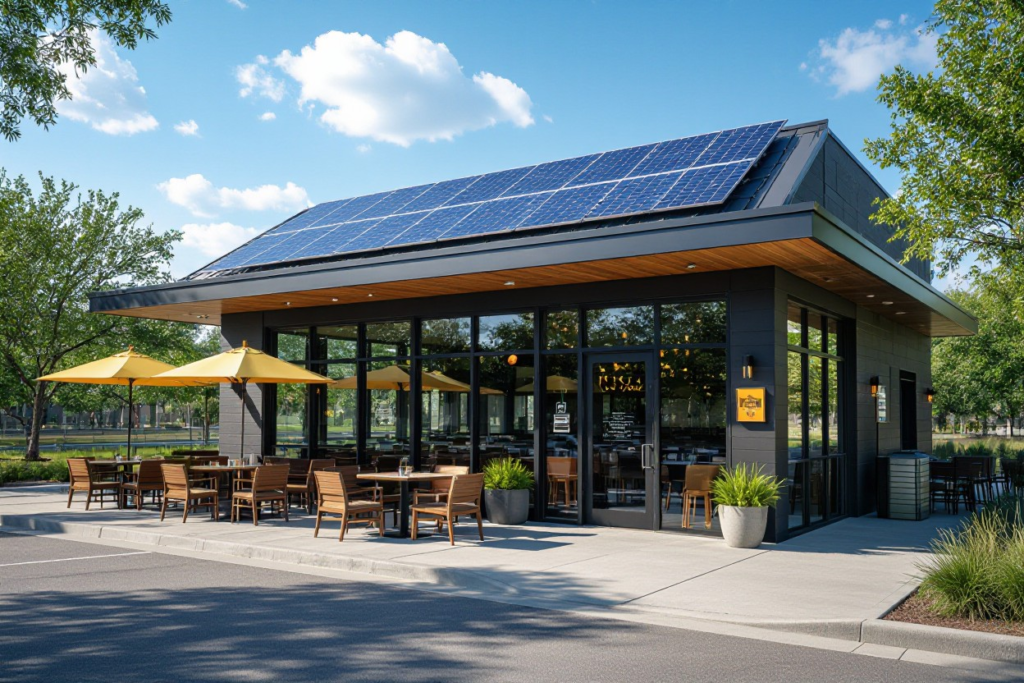 A modern commercial building featuring a slanted roof covered in solar panels, serving as a model for sustainable solar solutions for Big Island Retail and restaurant spaces.